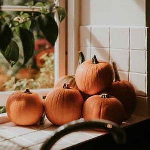 Stacked up pumpkins for fall decorations.